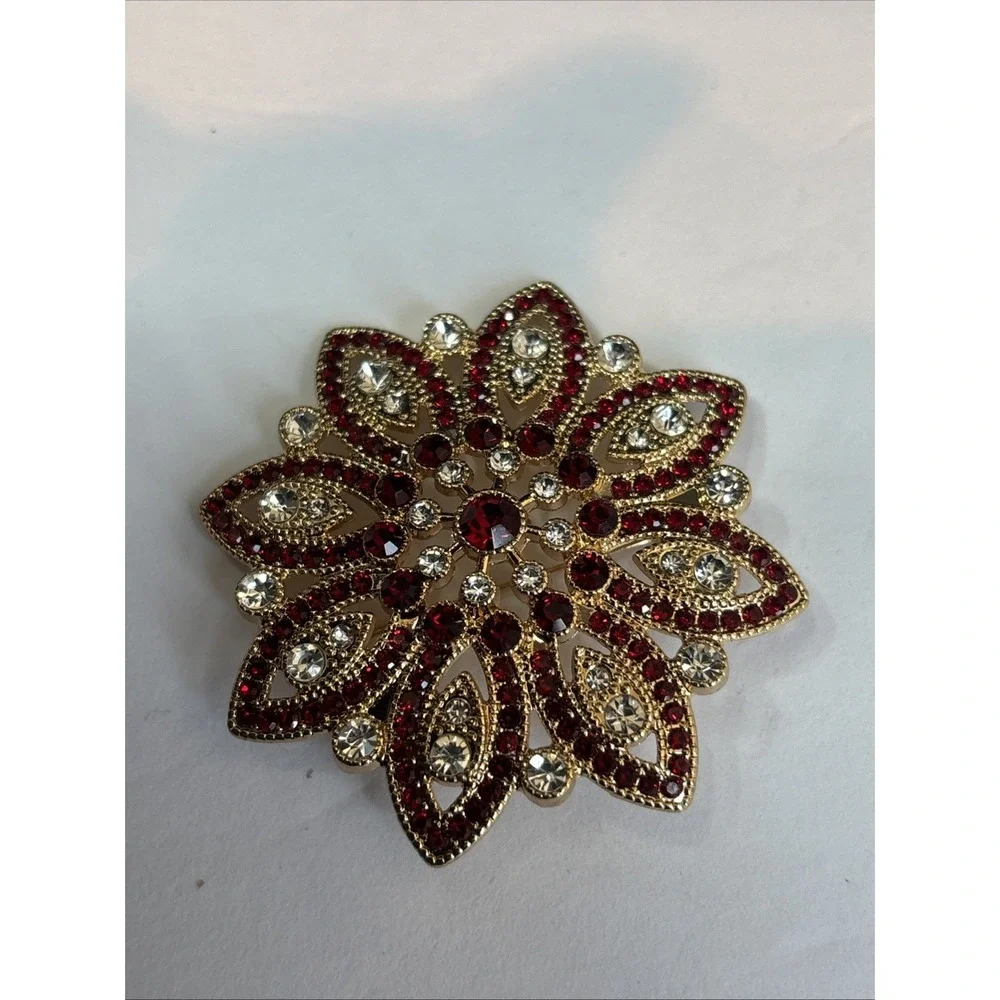 Monet Poinsettia Vintage Red And Clear Rhinestone Floral Print Gold Tone